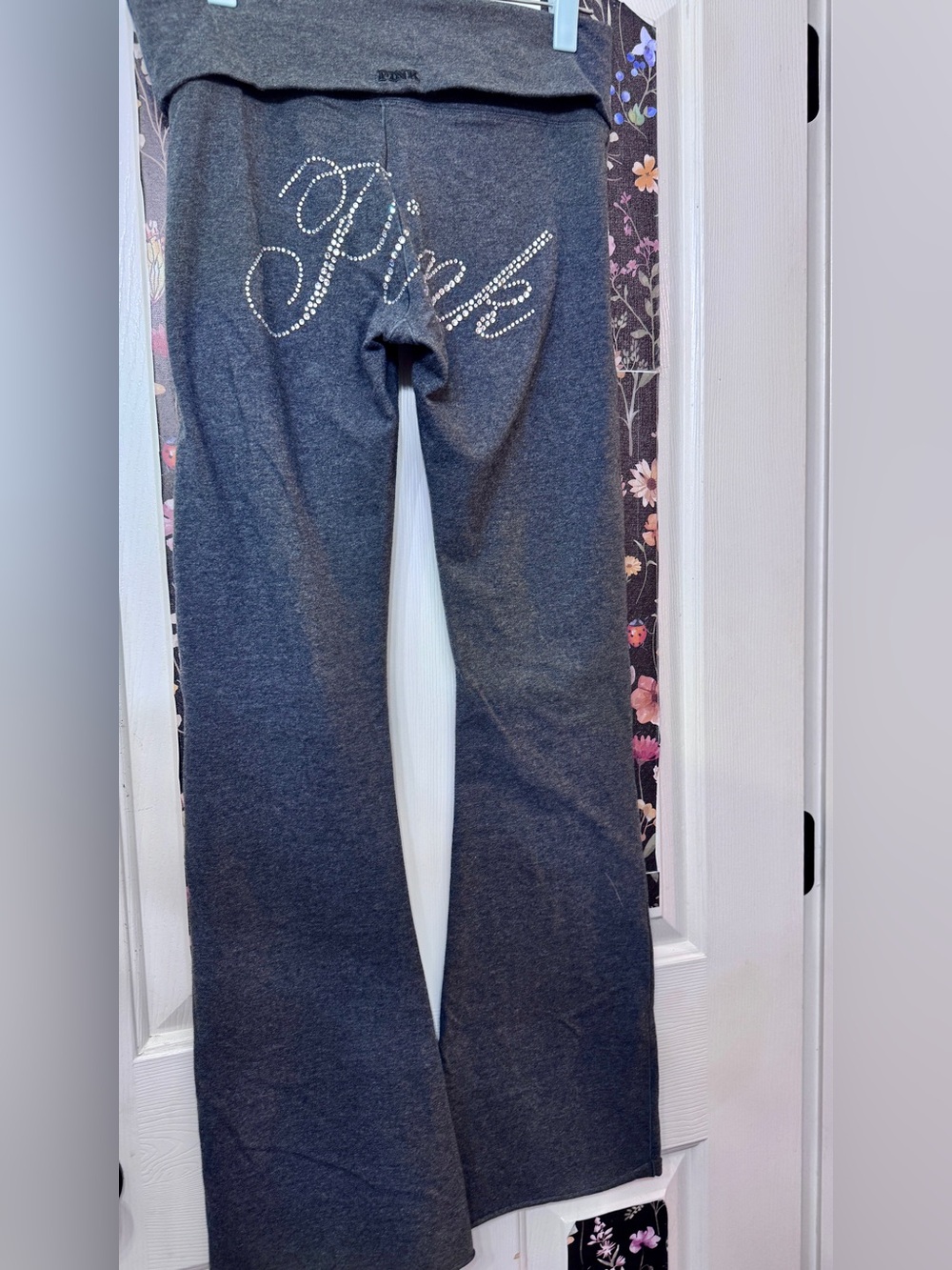 PINK Victoria's Secret Dark Gray Rhinestone Logo Flare Fold over Leggings y2k